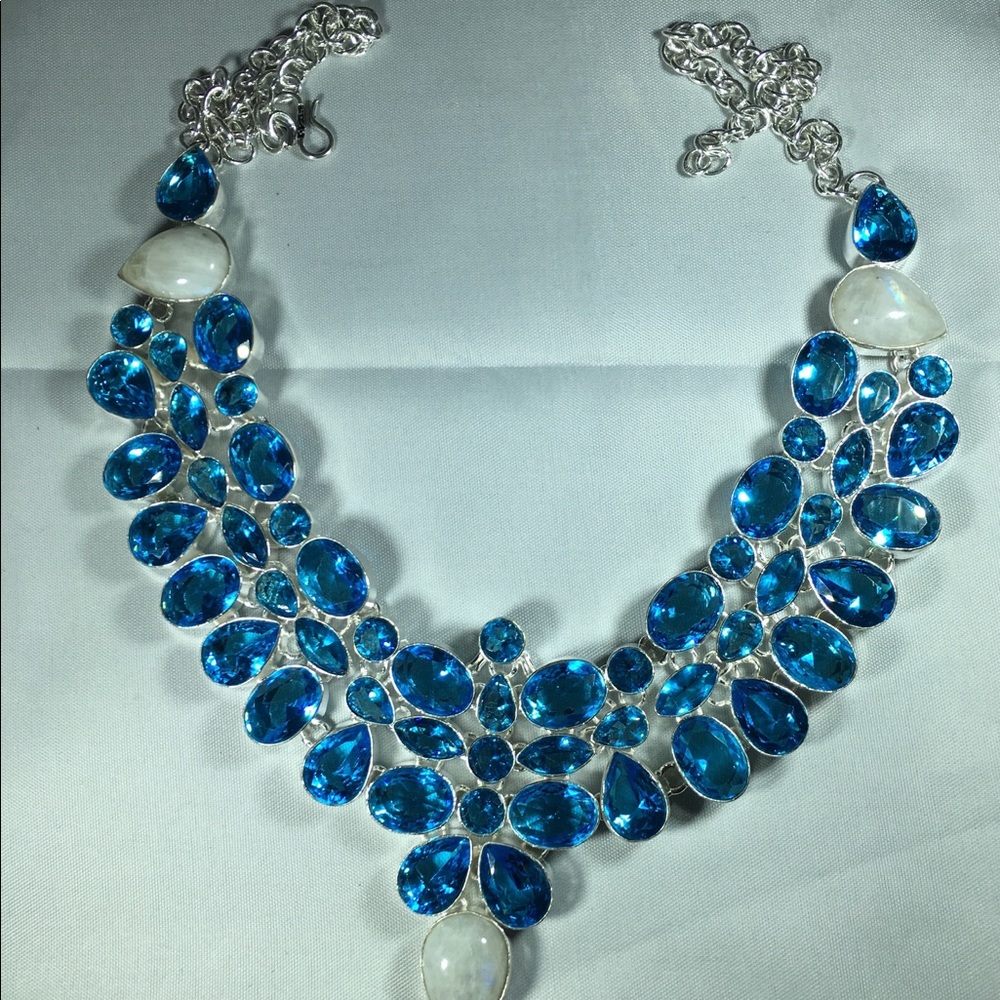 Beautiful Blue Topaz Rainbow Moonstone Necklace